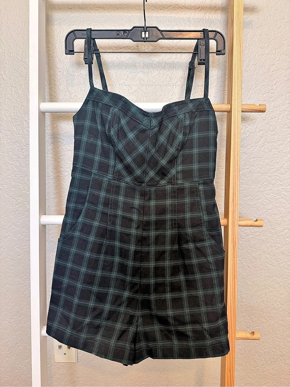 Urban Outfitters UO Isaac Plaid Romper Black & Green Small